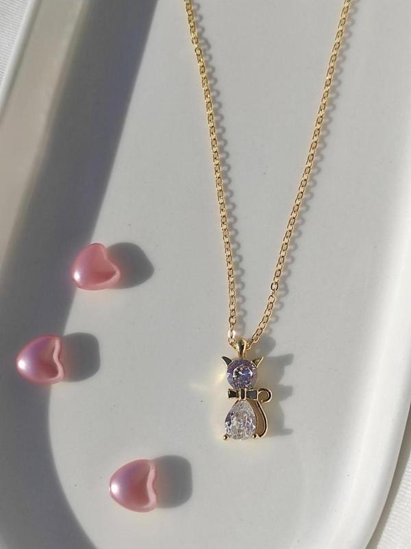 Amabel Jewelerys Altın Kaplama Zirkon Kedi Detaylı Zincir Kadın Kolye - Image 1