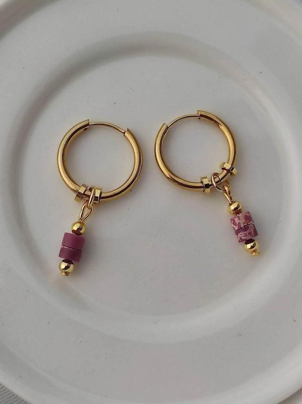 Amabel Jewelerys Varasit Doğaltaş'lı Çelik Halka Kadın Küpe - Image 1