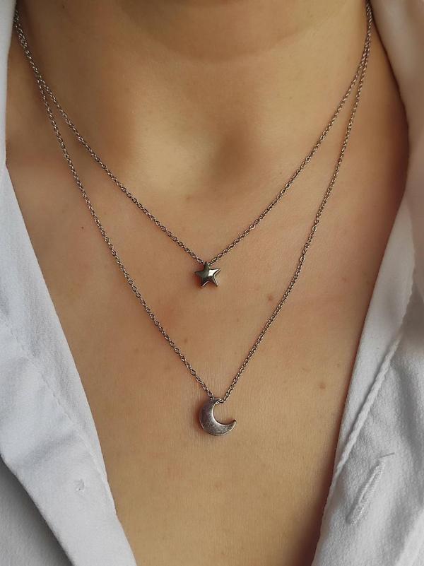 Amabel Jewelerys Ay ve Yıldız Figürlü Çelik Kadın Kolye (Anneler Günü Hediyeli) - Image 1