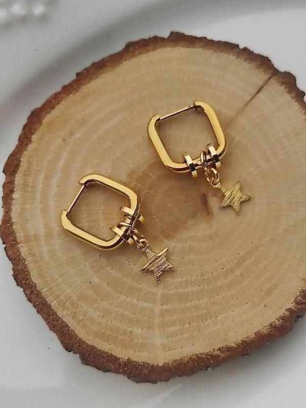 Amabel Jewelerys Çelik Kare Halka, Yıldız Detaylı Kadın Küpe - Image 1