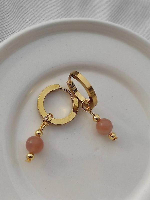 Amabel Jewelerys Güneş Taşı Doğaltaşlı Çelik Halka Kadın Küpe - Image 1