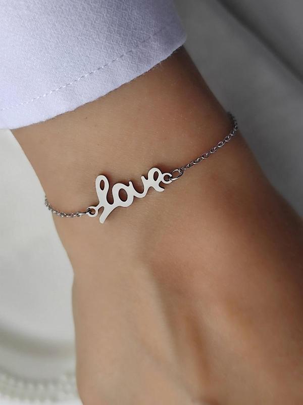 Amabel Jewelerys Love Yazılı, Silver Çelik Zincir Kadın Bileklik - Image 1