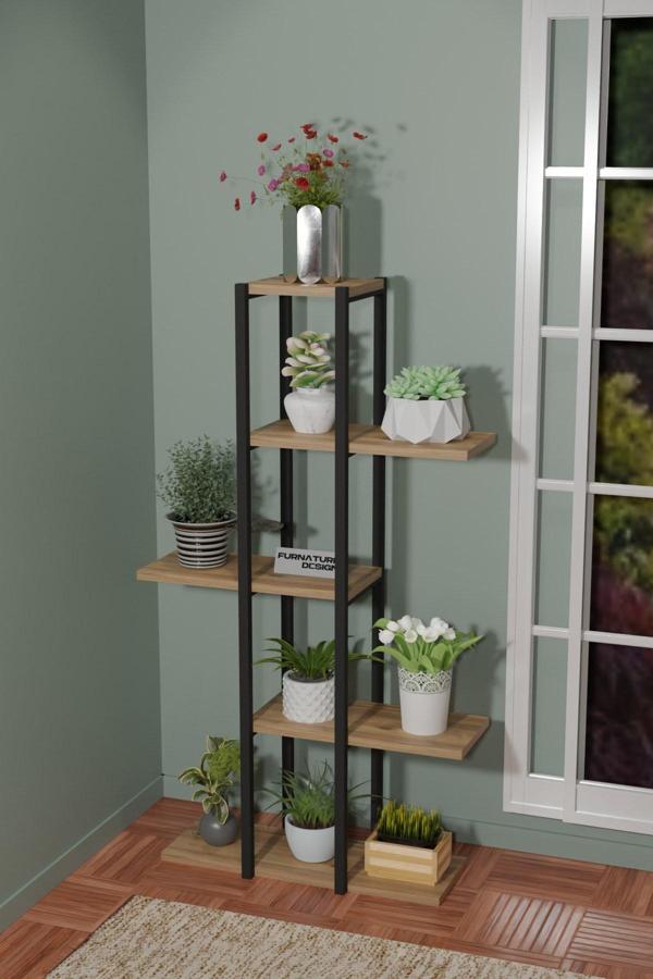 FurnatureDesign 5 Raflı Çiçeklik Metal Saksı Standı Saksılık Atlantik Çam - Image 1