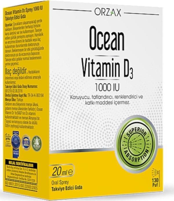 Ocean Vitamin D3 1000 IU Oral Sprey 20 ml 3 Adet - Image 1