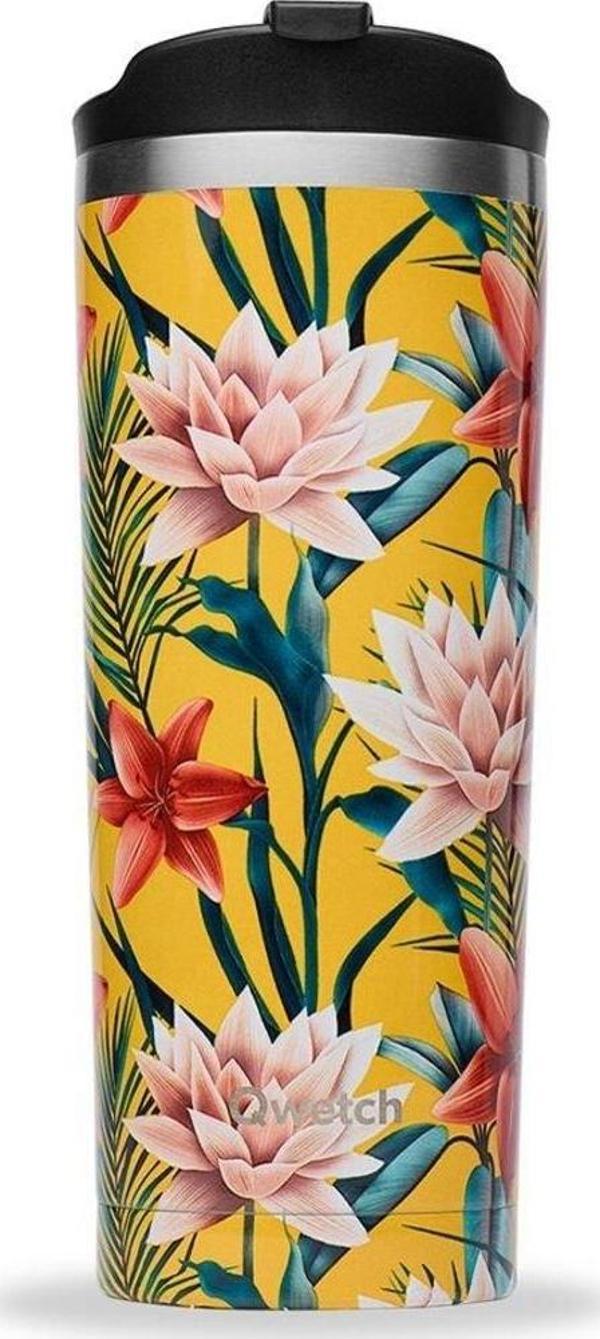 Qwetch QM6015 Tropik Çiçek Desenli Isı Yalıtımlı 470ml Termos Mug- Sarı - Image 1