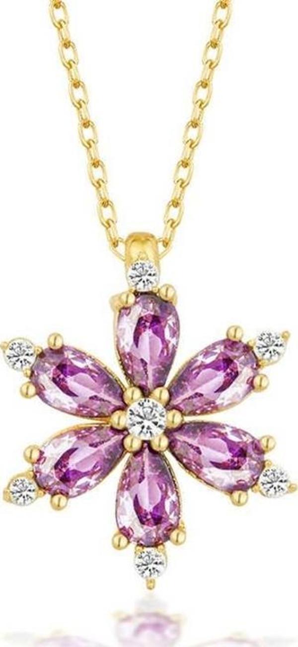 925 Ayar Gümüş Gold Mor Lotus Çiçeği Kadın Kolye - Image 1