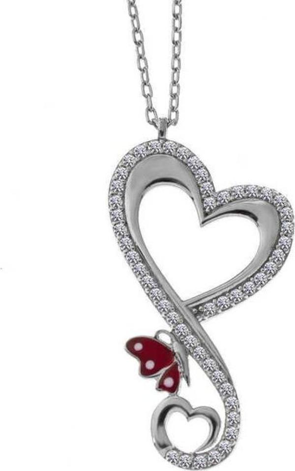 925 Ayar Gümüş Kalpli Kelebek Kadın Kolye - Image 1