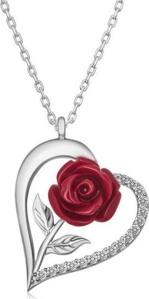 ​Gümüş Kalpli Kırmızı Gül Kadın Kolye - Image 1