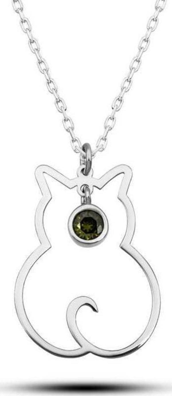 925 Ayar Gümüş Ağustos Ayı Doğum Taşı Kedi Kadın Kolye - Image 1