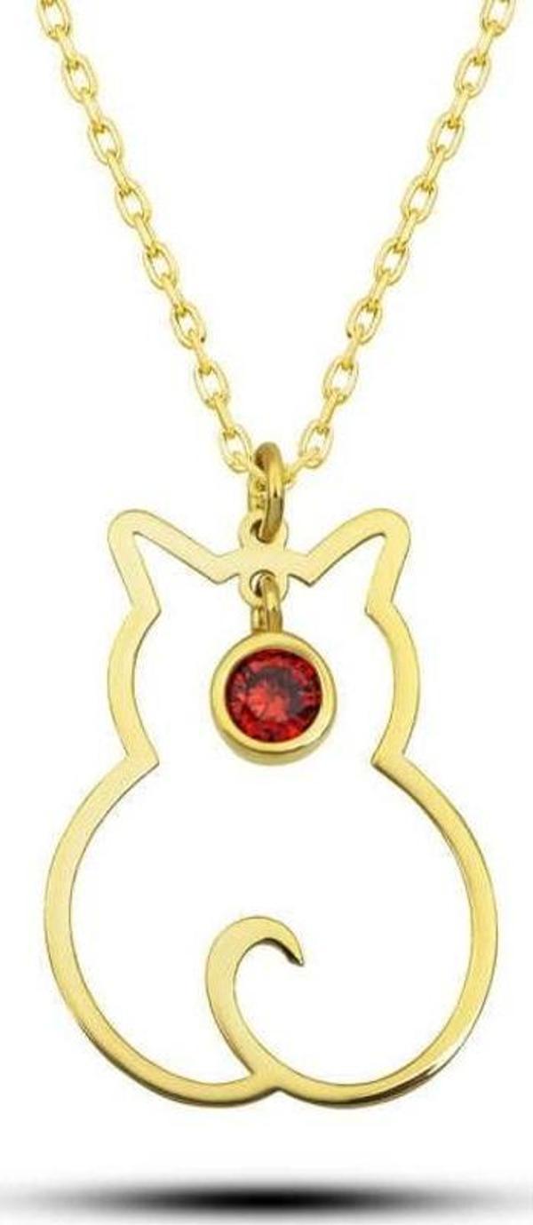 925 Ayar Gümüş Ocak Ayı Doğum Taşı Kedi Kadın Kolye - Image 1
