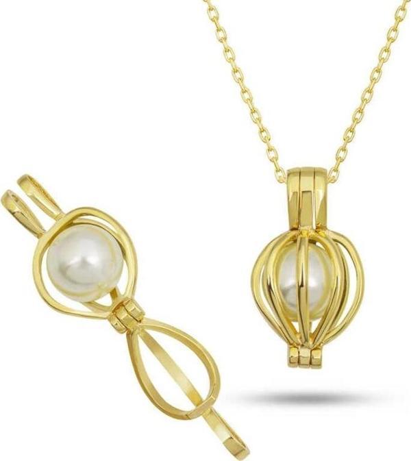 925 Ayar Gümüş Gold Beyaz İncili Kadın Kolye - Image 1