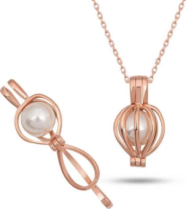 925 Ayar Gümüş Rose Beyaz İncili Kadın Kolye - Image 1