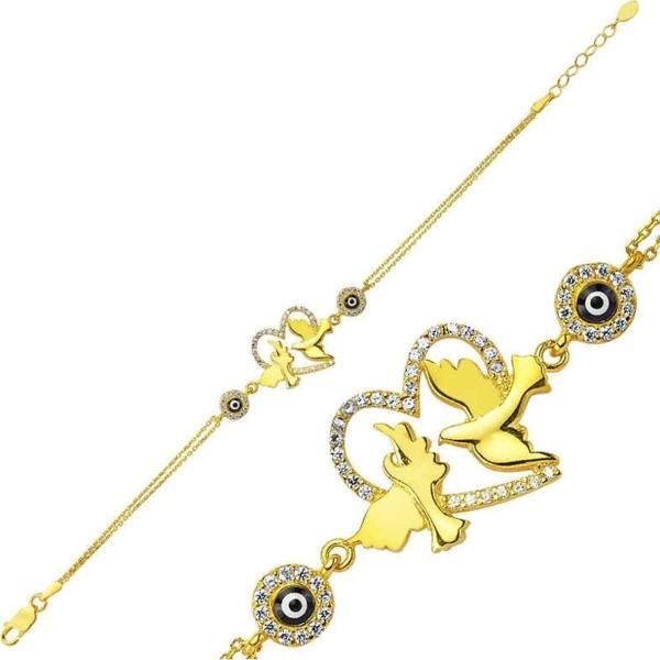 925 Ayar Gümüş Gold Kalpli Güvercin Bileklik - Image 1