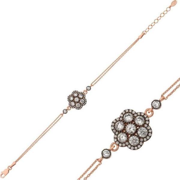 925 Ayar Gümüş Rose Elmas Montür Çiçek Bileklik - Image 1