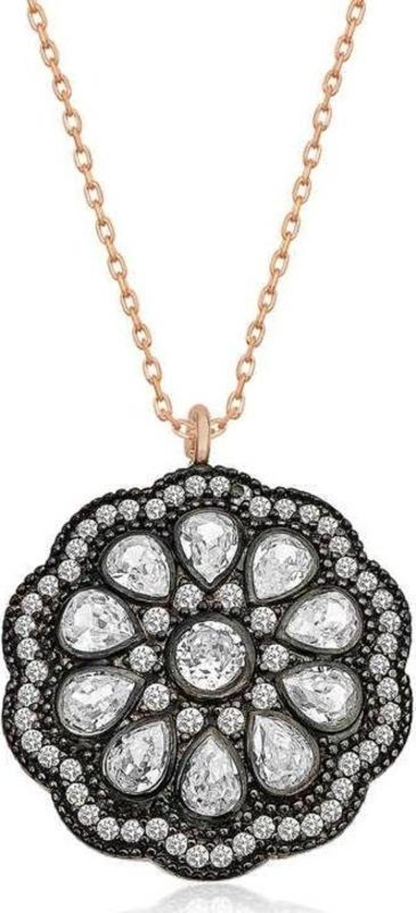 Gümüş Çiçek Desenli Elmas Montür Kolye - Image 1