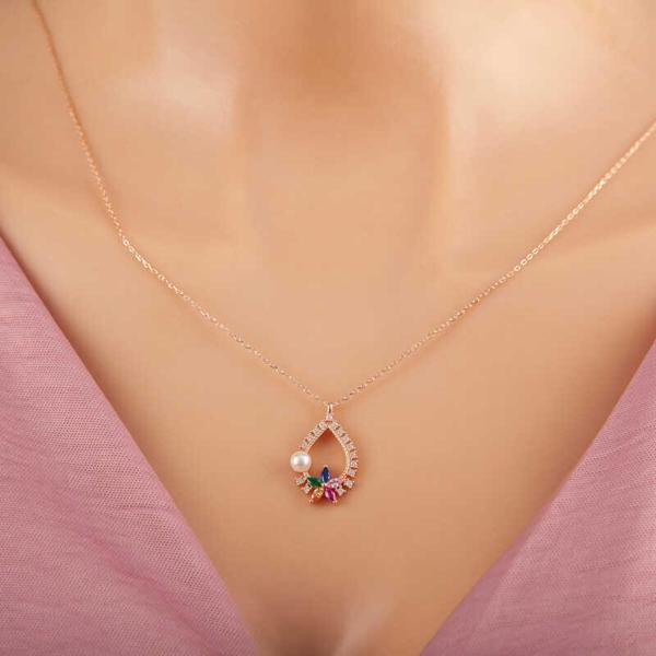 925 Ayar Gümüş Rose Renkli Taşlı Çiçekli Kadın Kolye - Image 1