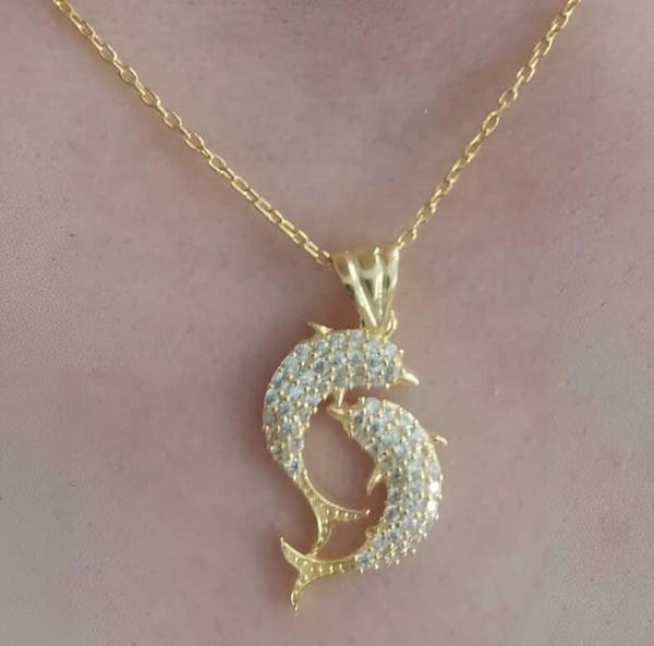 Gümüş Gold Çift Yunus Balığı Kadın Kolye - Image 1