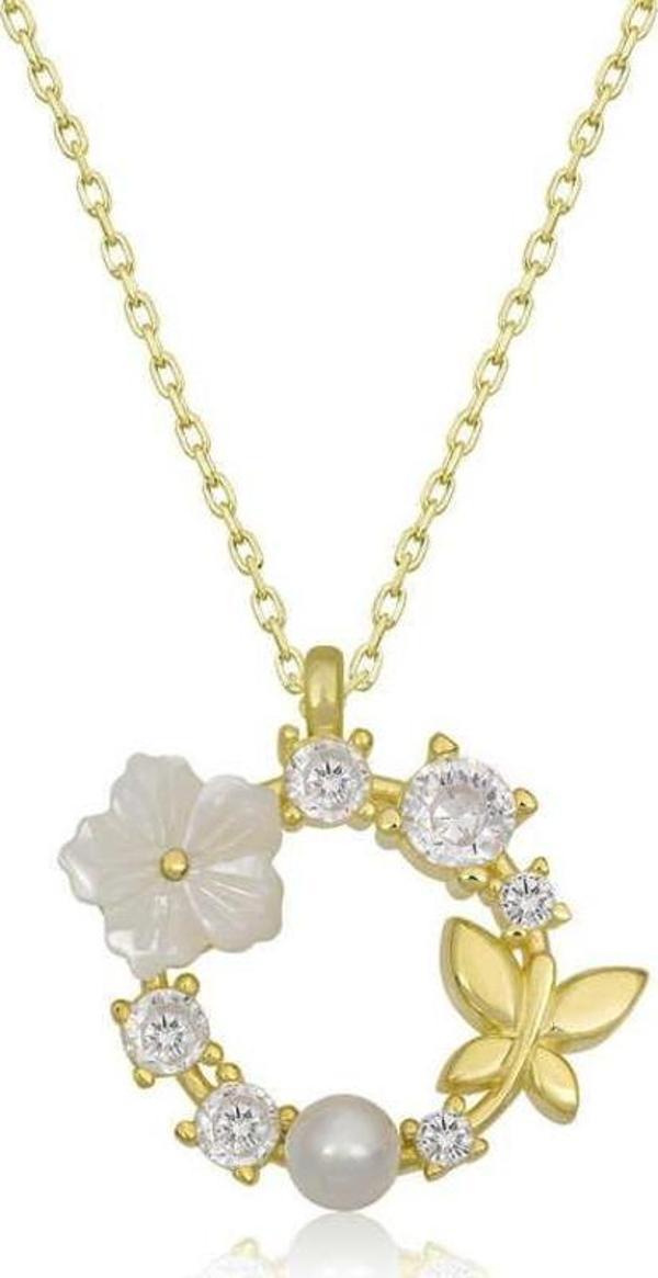 Gümüş Gold Manolya Çiçeği Kelebek Kadın Kolye - Image 1