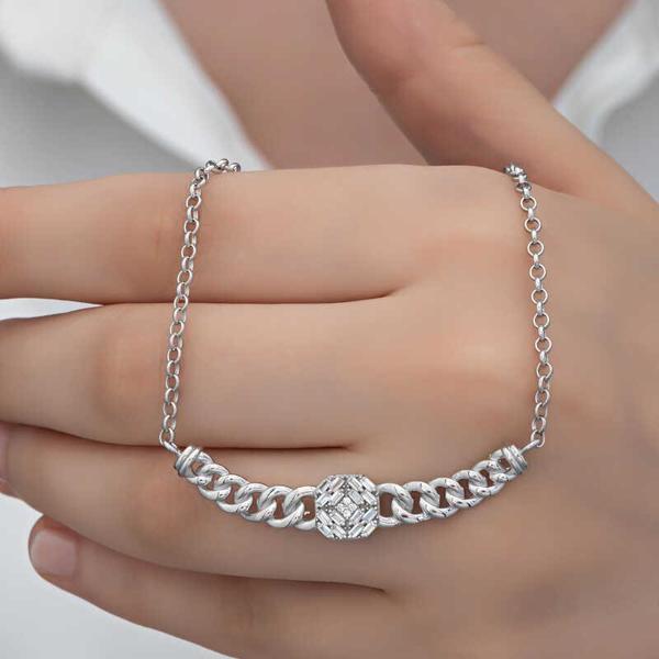 Gümüş Gurmet Zincirli Kare Baget Taşlı Kadın Kolye - Image 1