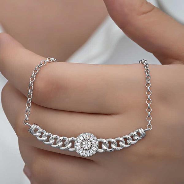 Gümüş Gurmet Zincirli Yuvarlak Baget Taşlı Kadın Kolye - Image 1