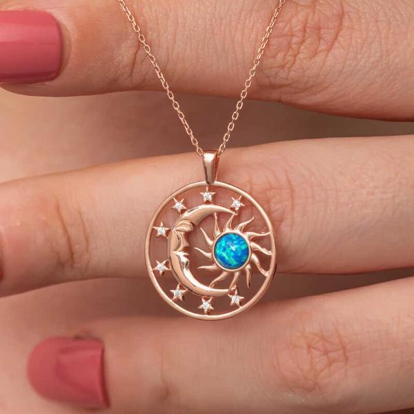 Gümüş Rose Opal Mavi Taşlı Ay Güneş Kadın Kolye - Image 1