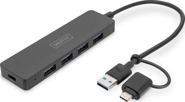 USB 3.0 Hub 4-Port, Slimline with USB-C Adapter, 5Gbps, 0,2m cable - Image 1