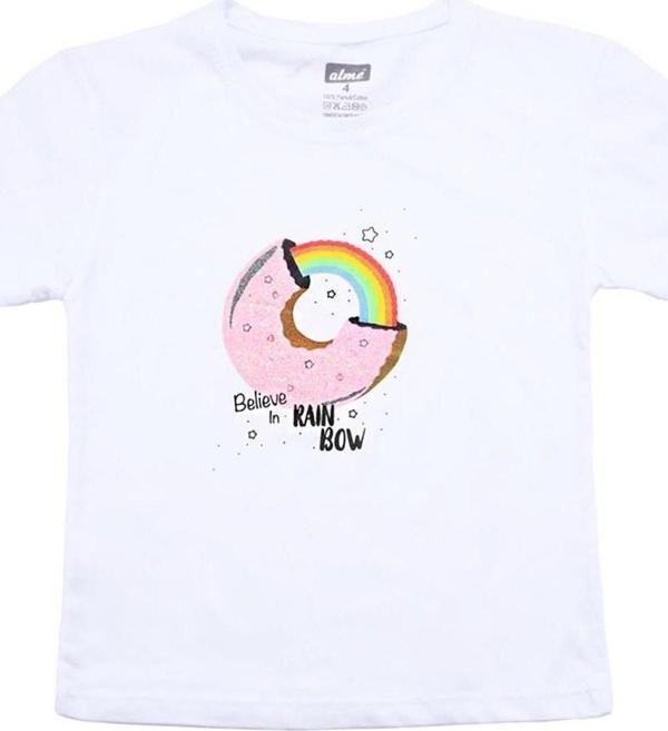 Gökkuşağı Baskılı Kız Tshirt Beyaz - Image 1