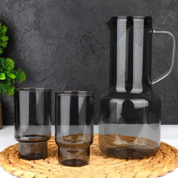 Arow Perla 2 Bardaklı Borosilikat Cam Sürahi Takımı Gri 2100 Ml TR-3991 - Image 1