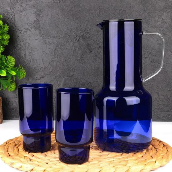 Arow Perla 2 Bardaklı Borosilikat Cam Sürahi Takımı Mavi 2100 Ml TR-3991 - Image 1