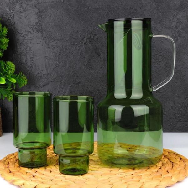 Arow Perla 2 Bardaklı Borosilikat Cam Sürahi Takımı Yeşil 2100 Ml TR-3991 - Image 1