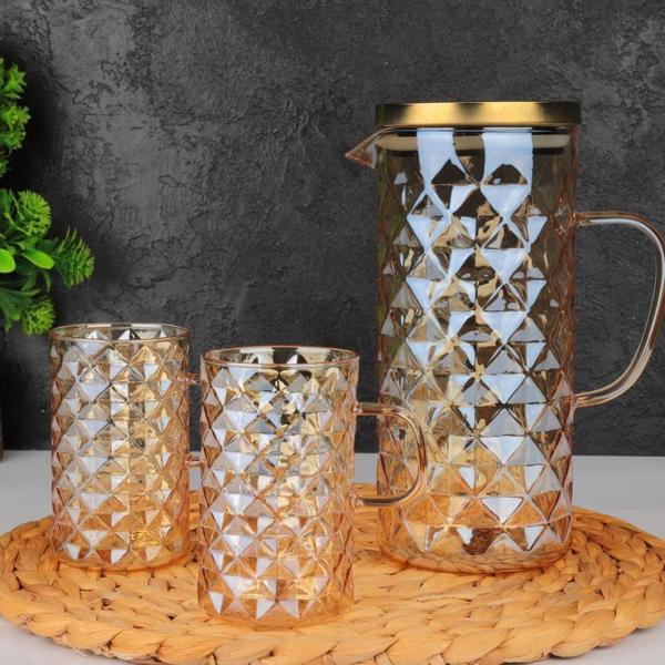 Arow Sole 2 Bardaklı Borosilikat Cam Sürahi Takımı Gold 1300 Ml TR-3987 - Image 1