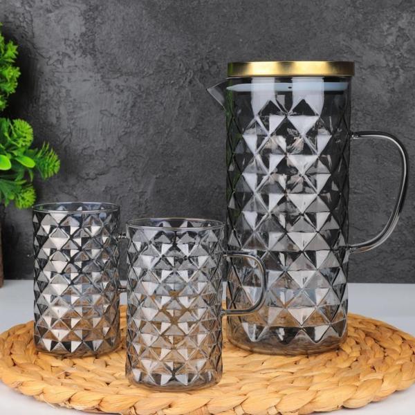 Arow Sole 2 Bardaklı Borosilikat Cam Sürahi Takımı Gri 1300 Ml TR-3987 - Image 1
