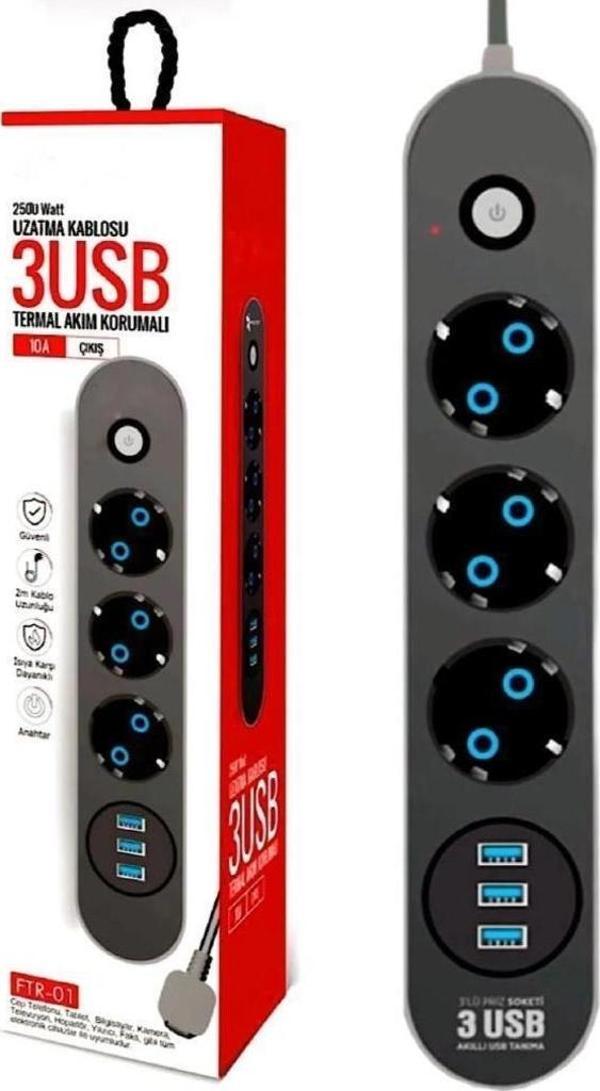 Fulltech Termal Akım Korumalı Isıya Dayanıklı 3'lü Priz 2 Mt FTR-01 - Image 1