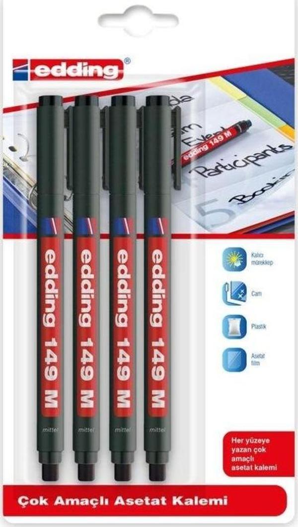 Edding 149 M Çok Amaçlı Permanent Kalem (Silgili Asetat Kalemi) 4'lü SİYAH - Image 1