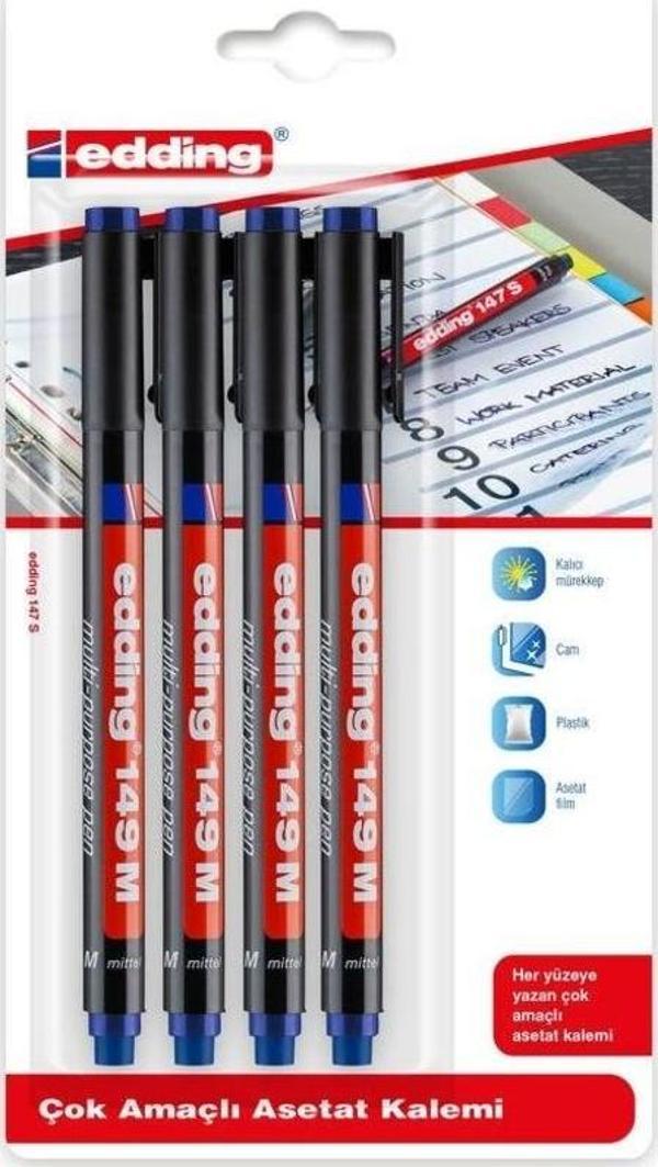 Edding 147 S Çok Amaçlı Permanent Kalem (Silgili Asetat Kalemi) 4'lü MAVİ - Image 1