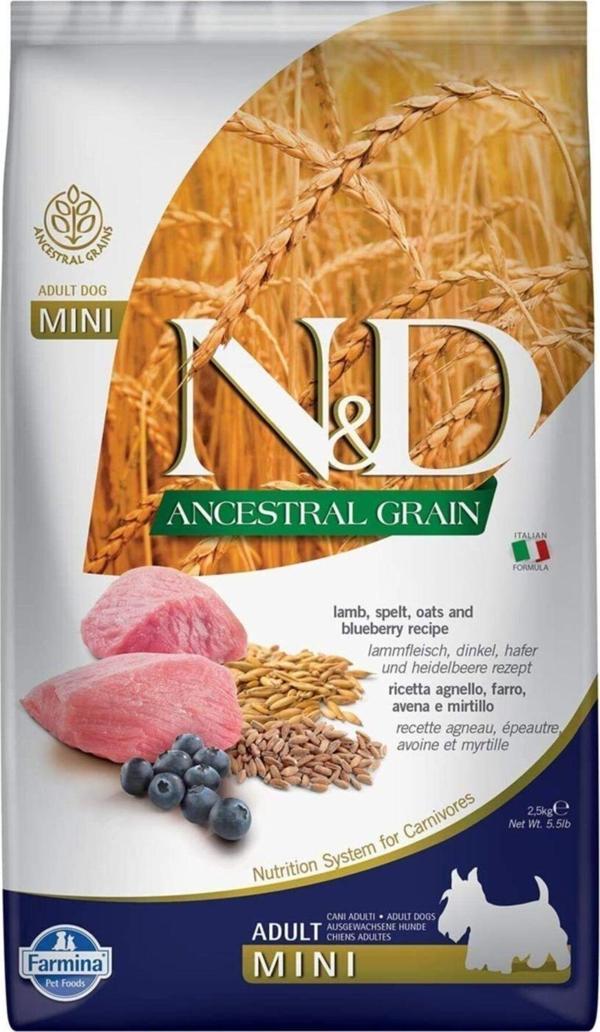 N&D Ancestral Grain Kuzu + Yaban Mersini Adult Mini Yetişkin Küçük Irk Köpek Mama 2,5 kg - Image 1