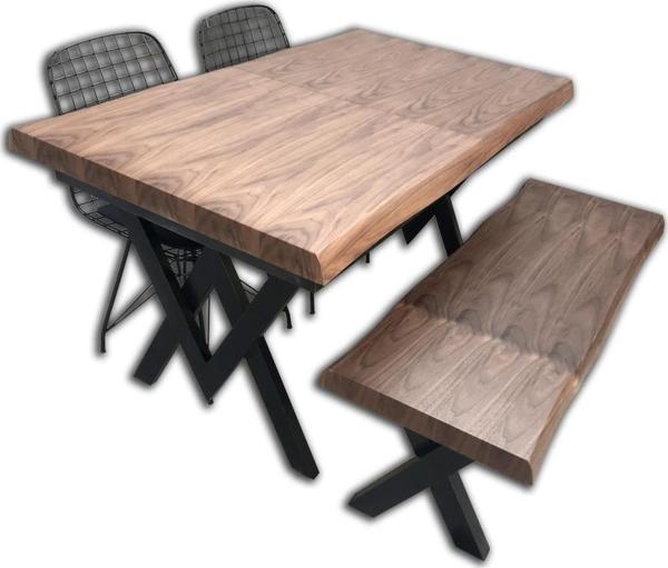 Masa 13763 KÜTÜK DESEN TK X metal ayak Yan Açıl Tabla Benc tel sandalye El Yapım  - Image 1