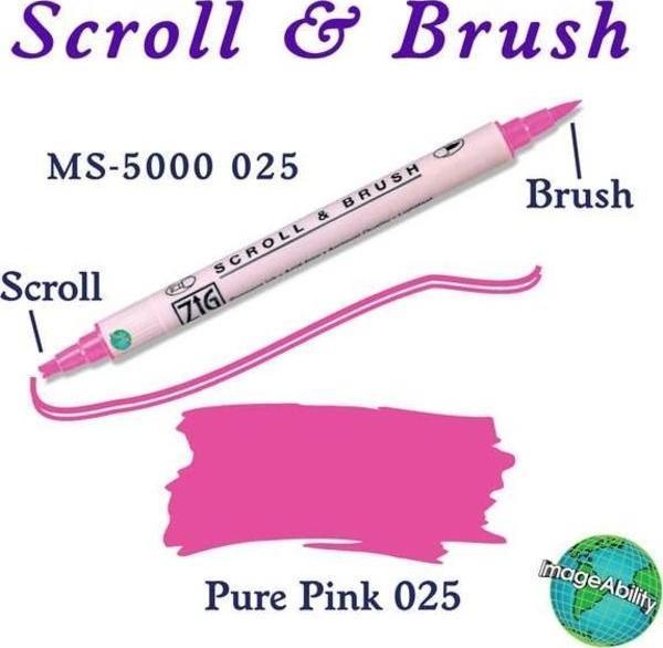 Zig Scroll & Brush Çift Çizgi ve Fırça Uçlu Kaligrafi ve Gölgeleme Kalemi 025 Pure Pink - Image 1