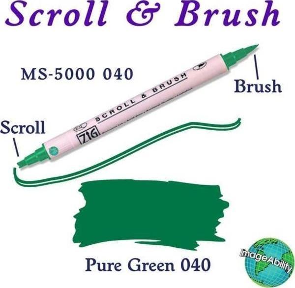 Zig Scroll & Brush Çift Çizgi ve Fırça Uçlu Kaligrafi ve Gölgeleme Kalemi 040 Pure Green - Image 1
