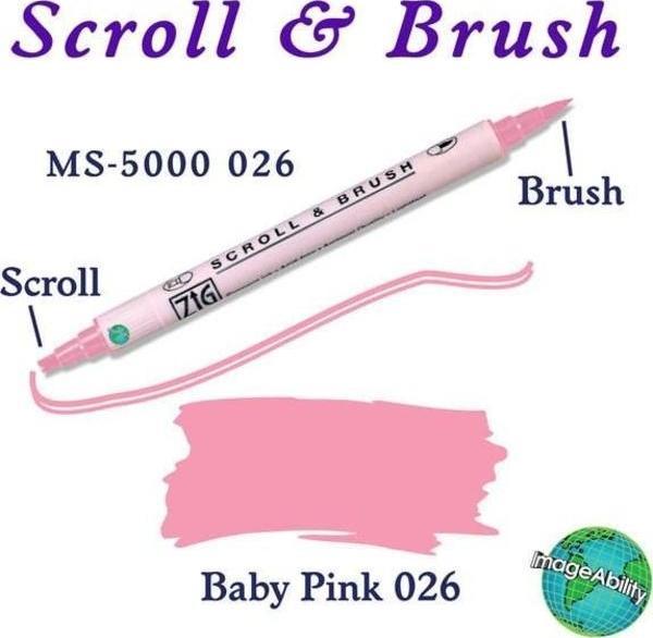 Zig Scroll & Brush Çift Çizgi ve Fırça Uçlu Kaligrafi ve Gölgeleme Kalemi 026 Baby Pink - Image 1