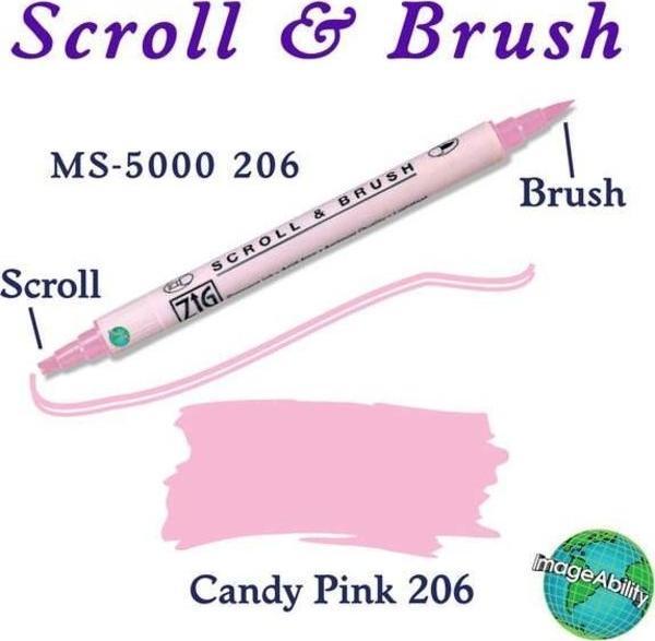 Zig Scroll & Brush Çift Çizgi ve Fırça Uçlu Kaligrafi ve Gölgeleme Kalemi 206 Candy Pink - Image 1