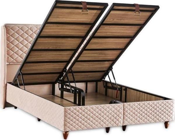 Baklava Lüks Baza ve Başlık Seti 100x200 cm Tek Kişilik Metal Baza ve Başlık Takımı Krem Kumaş - Image 1