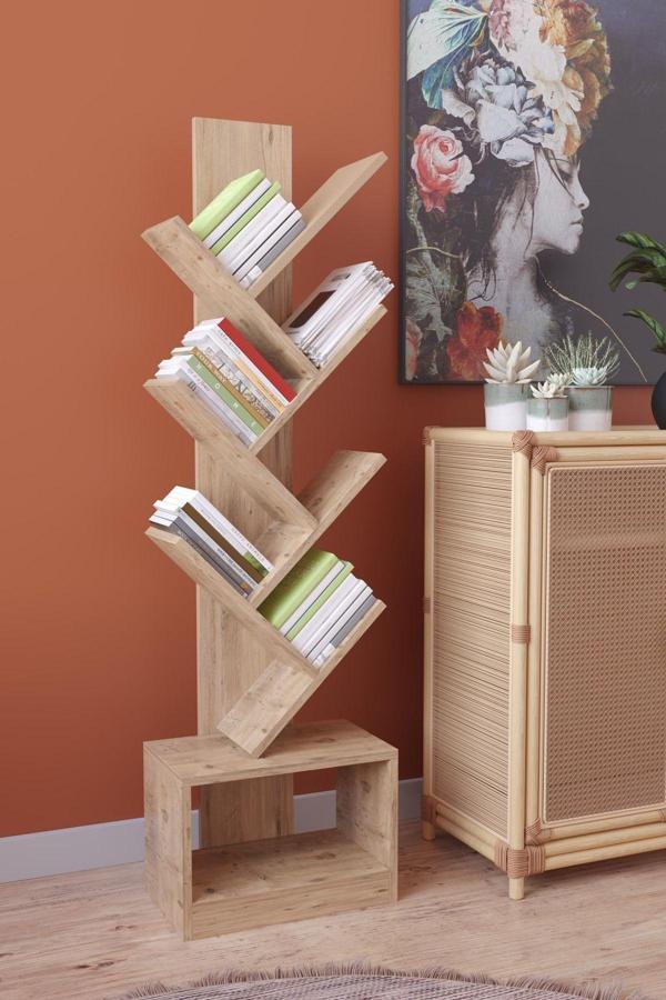 Remaks Vira 6 Raflı Dekoratif Zikzak Dolaplı Kitaplık Meşe - Image 1