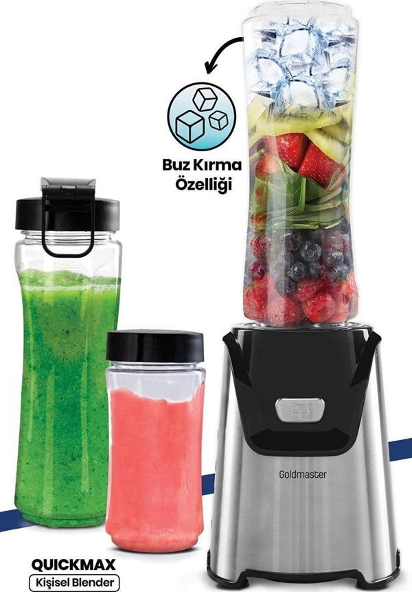 GoldMaster Quickmax Buz Kırma Özellikli Inox 2 Adet Bpa Free Tritan Şişeli Kişisel Personal Smoothie Blender - Image 1