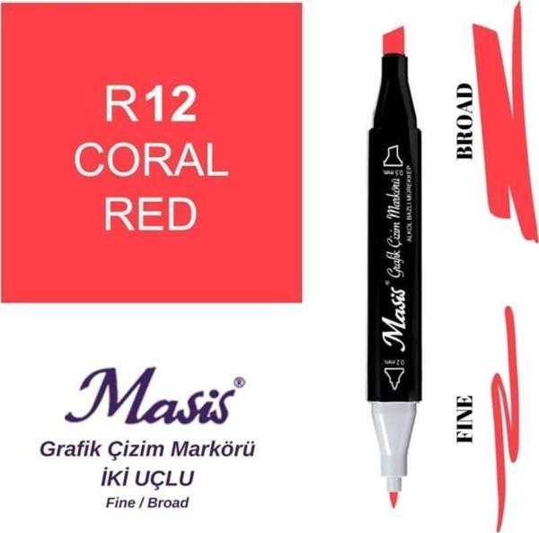 Masis Çift Uçlu Marker Grafik Çizim Kalemi 12 Mercan Kırmızı - Image 1
