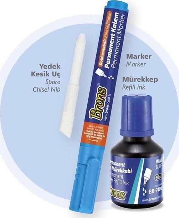 Brons Permanent Marker Seti Kesik Uç Mavi (Kalem + Mürekkep + Yedek Uç) - Image 1