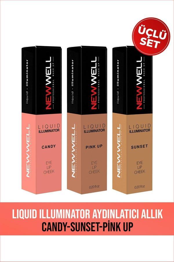 New Well Liquid Illuminator Aydınlatıcı Allık 3 In 1 Candy-Sunset-Pink Up 3'lü Set - Image 1