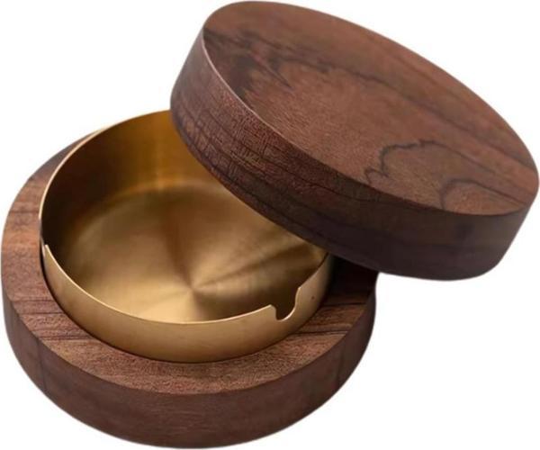 Coofbe Ahşap Kapaklı Masaüstü Küllük Kül Tablası Paslanmaz Çelik Kül Tablası Koku Engellemeli Küllük - Image 1