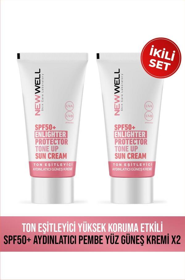 New Well 2 Adet Ton Eşitleyici Yüksek Koruma Etkili Spf50+ Aydınlatıcı Pembe Yüz Güneş Kremi 50 ML - Image 1