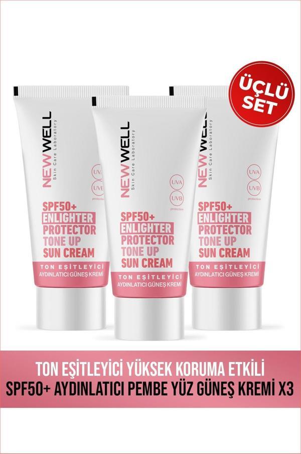 New Well 3 Adet Ton Eşitleyici Yüksek Koruma Etkili Spf50+ Aydınlatıcı Pembe Yüz Güneş Kremi 50 ML - Image 1